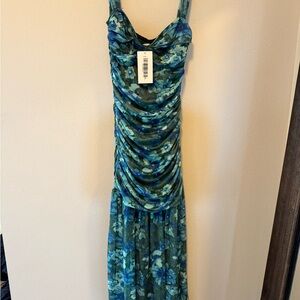 12th Tribe Blue Green Floral Ruched Maxi Dress with Sweetheart Neckline